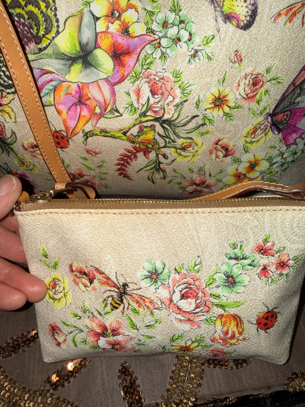 Floral Butterfly Canvas Tote with Pouch - Cream - Picture 2 of 16